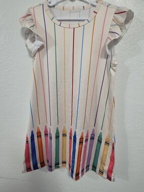 Girls' Cream Stripe & Crayon Print Flutter Sleeve Dress